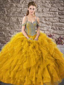 Gold Sleeveless Beading and Ruffles Floor Length Quinceanera Gown