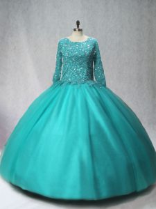 Turquoise Long Sleeves Beading Floor Length Sweet 16 Quinceanera Dress