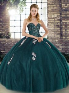 Peacock Green Sleeveless Tulle Lace Up Quinceanera Dresses for Military Ball and Sweet 16 and Quinceanera