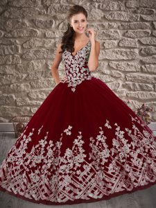 Flare Burgundy V-neck Lace Up Appliques Quinceanera Gowns Brush Train Sleeveless
