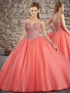 Extravagant Sweetheart Sleeveless Brush Train Lace Up Sweet 16 Quinceanera Dress Watermelon Red Tulle