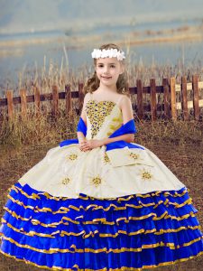 Organza Straps Sleeveless Lace Up Beading and Embroidery and Ruffled Layers Little Girls Pageant Gowns in Royal Blue