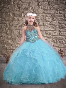 Aqua Blue Tulle Lace Up Halter Top Sleeveless Floor Length Kids Formal Wear Beading and Ruffles
