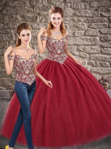 Wine Red Sleeveless Floor Length Beading Lace Up Ball Gown Prom Dress