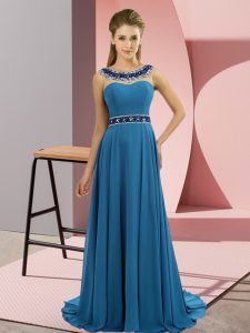 Deluxe Zipper Homecoming Dress Blue for Prom and Party with Beading Brush Train