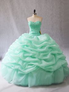 Sleeveless Organza Floor Length Lace Up 15th Birthday Dress in Apple Green with Beading and Pick Ups