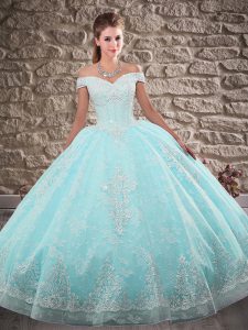 Sleeveless Brush Train Beading and Appliques Lace Up Ball Gown Prom Dress