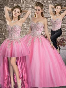 Three Pieces Quinceanera Dress Rose Pink Sweetheart Tulle Sleeveless Floor Length Lace Up