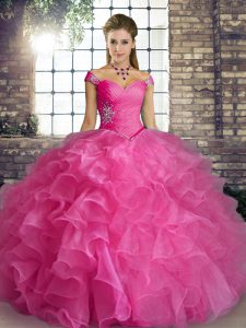 Floor Length Lace Up Quinceanera Dress Rose Pink for Military Ball and Sweet 16 and Quinceanera with Beading and Ruffles