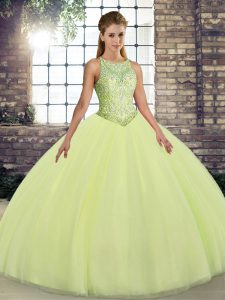 Yellow Green Scoop Neckline Embroidery 15th Birthday Dress Sleeveless Lace Up