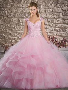 Popular Straps Sleeveless Brush Train Lace Up Quince Ball Gowns Rose Pink Tulle