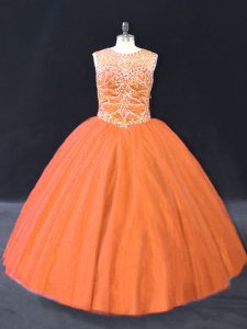 Best Selling Tulle Scoop Sleeveless Lace Up Beading Sweet 16 Quinceanera Dress in Orange