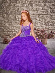 Sleeveless Sweep Train Lace Up Beading and Ruffles Little Girls Pageant Gowns