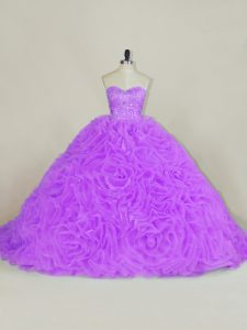 Sleeveless Fabric With Rolling Flowers Court Train Lace Up Quinceanera Dress in Lavender with Beading