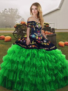 Floor Length Green 15th Birthday Dress Off The Shoulder Sleeveless Lace Up