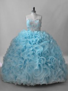 Baby Blue Ball Gowns Fabric With Rolling Flowers Sweetheart Sleeveless Beading Lace Up Quince Ball Gowns Brush Train
