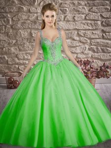 Green Zipper Straps Beading Quince Ball Gowns Tulle Sleeveless Brush Train