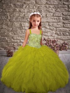 Beautiful Olive Green Lace Up Little Girls Pageant Gowns Beading and Ruffles Sleeveless Floor Length