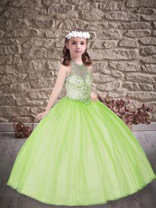 Trendy Yellow Green Sleeveless Floor Length Beading Lace Up Pageant Dress