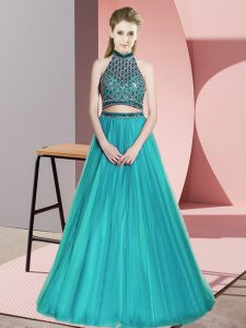 Ideal Teal Dress for Prom Prom and Party with Beading Halter Top Sleeveless Backless