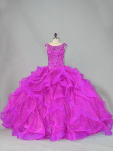 Luxury Fuchsia Sleeveless Beading Lace Up Ball Gown Prom Dress