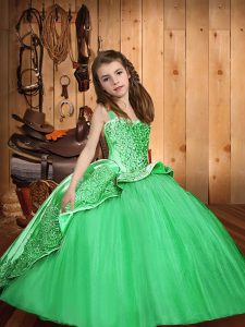 Custom Designed Straps Sleeveless Little Girl Pageant Dress Floor Length Beading and Appliques Green Tulle