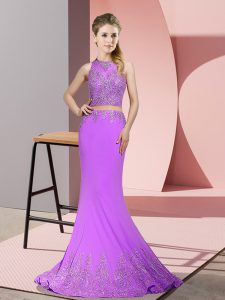 Lavender Homecoming Party Dress Satin Sweep Train Sleeveless Beading and Appliques