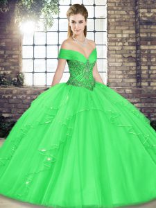 Colorful Green Tulle Lace Up Off The Shoulder Sleeveless Floor Length Vestidos de Quinceanera Beading and Ruffles