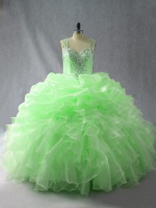 Organza Zipper Ball Gown Prom Dress Sleeveless Floor Length Beading and Ruffles and Pick Ups