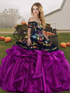 Floor Length Lace Up Sweet 16 Dresses Black And Purple for Military Ball and Sweet 16 and Quinceanera with Embroidery an