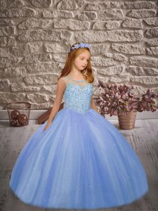 Blue Sleeveless Beading Floor Length Kids Pageant Dress