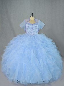 Spectacular Blue Ball Gowns Beading and Ruffles Quinceanera Gown Lace Up Organza Sleeveless Floor Length