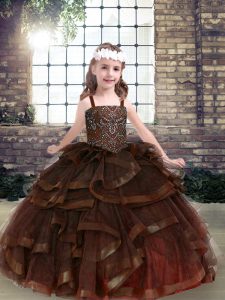 Brown Lace Up Little Girl Pageant Dress Beading and Ruffles Sleeveless Floor Length