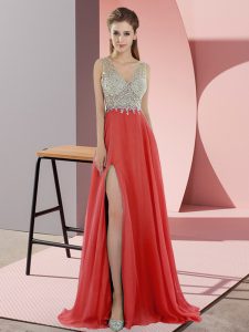 Superior Coral Red Prom Party Dress Chiffon Sweep Train Sleeveless Beading