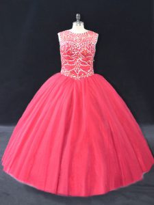 Attractive Long Sleeves Floor Length Beading Lace Up Quinceanera Gowns with Coral Red