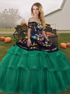 Edgy Green Ball Gowns Tulle Off The Shoulder Sleeveless Embroidery and Ruffled Layers Lace Up 15 Quinceanera Dress Brush