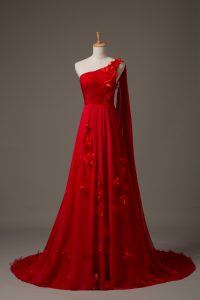 Classical Red Empire One Shoulder Sleeveless Watteau Train Lace Up Hand Made Flower Prom Dresses