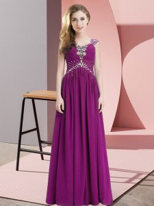 Edgy Fuchsia Cap Sleeves Beading Floor Length Dress for Prom