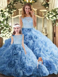Popular Baby Blue Zipper Scoop Lace 15th Birthday Dress Fabric With Rolling Flowers Sleeveless