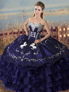 Sweet Purple Ball Gowns Sweetheart Sleeveless Organza Floor Length Lace Up Embroidery and Ruffles Sweet 16 Quinceanera D
