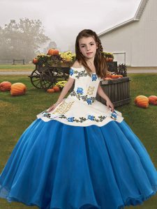 Best Floor Length Blue Little Girl Pageant Gowns Organza Sleeveless Embroidery