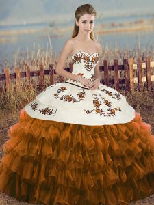 Floor Length Brown Vestidos de Quinceanera Organza Sleeveless Embroidery and Ruffled Layers and Bowknot