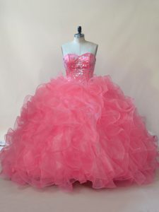 Captivating Coral Red Ball Gowns Organza Sweetheart Sleeveless Beading and Ruffles Floor Length Lace Up Ball Gown Prom D