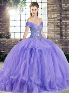 Delicate Lavender Sleeveless Beading and Ruffles Floor Length Quince Ball Gowns