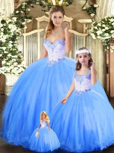 Tulle Sweetheart Sleeveless Lace Up Beading Quinceanera Dresses in Blue