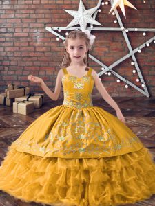 Straps Sleeveless Lace Up Pageant Gowns Gold Satin and Organza