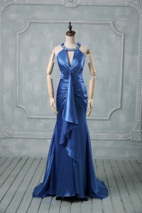 Chic Blue Sleeveless Brush Train Beading and Ruching Prom Party Dress