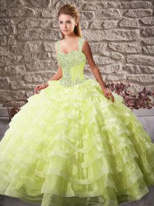 Yellow Green Straps Lace Up Beading and Ruffled Layers Quince Ball Gowns Court Train Sleeveless