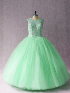 Apple Green Tulle Lace Up Scoop Sleeveless Floor Length Ball Gown Prom Dress Beading