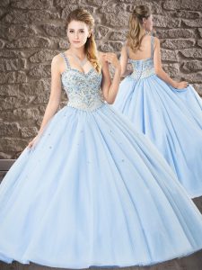 Light Blue Straps Lace Up Beading and Lace Ball Gown Prom Dress Sleeveless